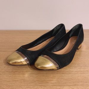 SCHUTZ Suede Leather Gold Captoe Flats Slip Ons Black Size 5